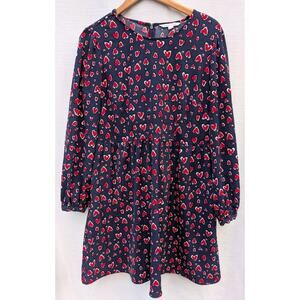 Pop Sugar Women’s Long Sleeve Mini Dress Sz L Puff Sleeve Navy Red Hearts